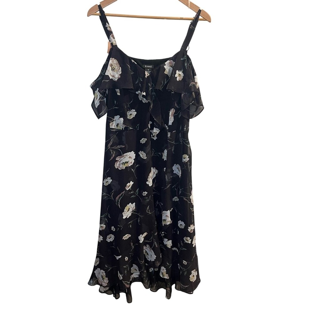 NWT Evans Womens Size 18 Black Floral Chiffon Ruffle Sleeve Midi Dress Romantic